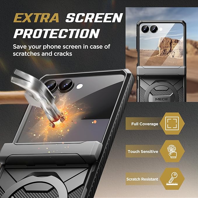 TONGATE 360° Spin Magnetic Stand for Z Flip 7 Case with Screen Protector, [Compatible with Magsafe] [Anti Slip] Full-Body Shockproof Samsung Galaxy Z Flip 7 Case with Hinge Protection, Black