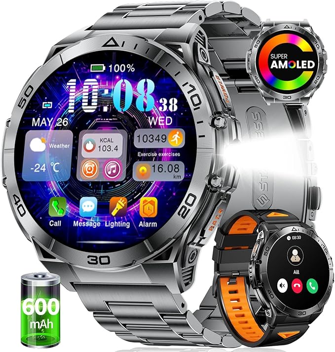 SUNKTA Military Smart Watch for Men,1.6" AMOLED Screen/600mAh Battery/5ATM Waterproof Smartwatches (Answer/Dial Calls) Fitness Tracker with Sleep Tracking/Heart Rate/Blood Oxygen for Android iOS