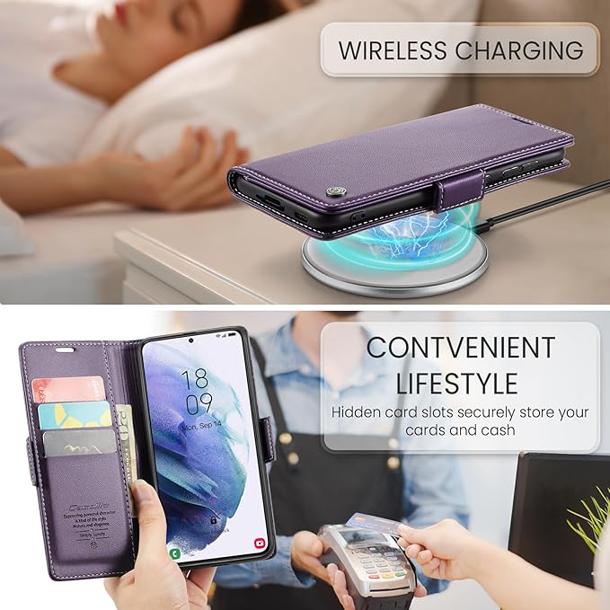 Case for Samsung Galaxy S21 Wallet Case, RFID Blocking PU Leather Flip Folio Cover Card Holder Kickstand Shockproof Phone Case Compatible with Samsung Galaxy S21, Purple