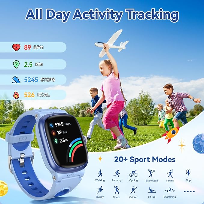 Smart Watch for Boys Girls with Sleep | Health | Activity Tracker, Games, Alarm, IP68 Waterproof Kids Fitness Watch with Pedometer, Family Account, Toys Gifts for Kids Aged 4-16 (Light/Dark Blue)