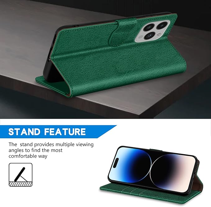 ZZXX for iPhone 14 Pro Wallet Case with [RFID Blocking] Card Slot Kickstand Magnetic Closure Leather Flip Fold Protective Phone Case for iPhone 14 Pro Case Wallet(Green-6.1 inch)