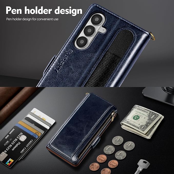 Antsturdy Compatible with Samsung Galaxy Z Fold7 Case Wallet with Card Holder,Z Fold 7 5G Phone Case with Strap Shockproof PU Leather RFID Blocking Flip Cover Credit Card Slots Women Men,Dark Blue