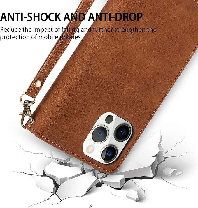 ZZXX for iPhone 12 Pro Max Wallet Case with Card Slot Premium Soft PU Leather Zipper Flip Folio Wallet with Wrist Strap Kickstand Protective for iPhone 12 Pro Max Case Wallet(Brown 6.7 inch)