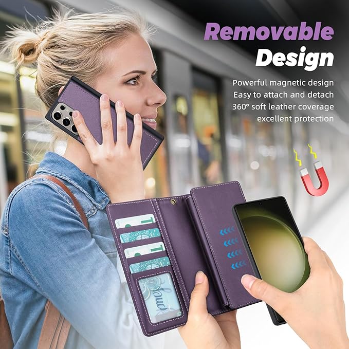 TwoHead for Samsung Galaxy S23 Ultra Wallet Case with Card Holder & Detachable Magnetic Phone Case for Galaxy S23 Ultra,PU Leather Shockproof Protective Phone Cover Wallet(6.8 in,Deep Purple)