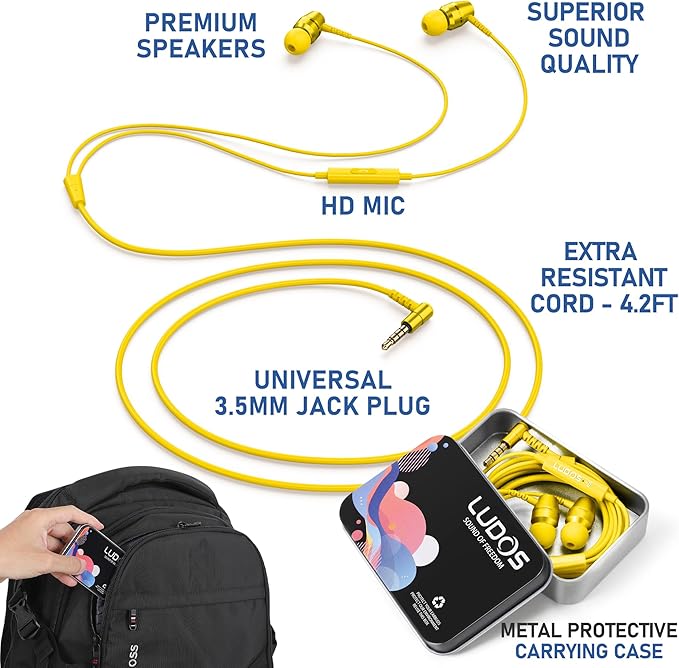 LUDOS OMNITONE Wired Earbuds in-Ear Headphones, 5 Years Warranty, Earphones with Microphone, 3.5 mm Jack Corded Ear Buds, Videoconference for iPhone, Samsung, Laptop, Kids, School Students - Yellow