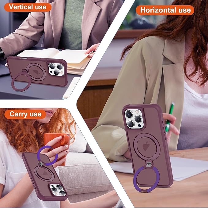 Compatible with iPhone 16 Pro Max Case with Invisible Magnetic 360°Spin Stand,Military-Grade Shockproof Protection [Compatible with Mag-Safe] Non-Slip Edge Translucent Case (6.9",Wine Red)