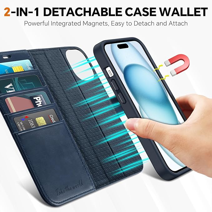 TUCCH Wallet Case for iPhone 15, [Detachable] 2-in-1 Stand RFID Blocking 4 Card Slot [Wireless Charging] Protective Case, Magnetic PU Leather Removable Folio Compatible with iPhone 15 6.1", Dark Blue
