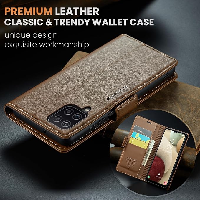 for Samsung Galaxy A12 5G Case, Premium PU Leather Wallet Case Flip Cover with [RFID Blocking][Card Holder][Stand Function] Shockproof Protective for Samsung Galaxy A12, Brown