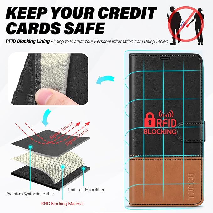 TUCCH Wallet Case for Galaxy S25 Plus 5G, Magnetic PU Leather Stand [RFID Blocking] Card Slot Folio Protective Cover with TPU Shockproof Inner Shell Compatible with Galaxy S25 Plus 6.7", Black & Brown