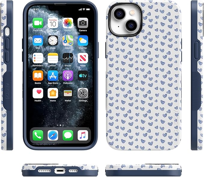 Casely iPhone 14 Case | Lovebug | Blue Hearts | Compatible with MagSafe | Bold Protective Design