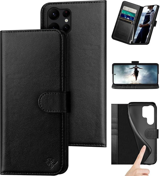 Compatible with Samsung Galaxy S25 Ultra Genuine Leather Wallet case【RFID Blocking】【4 Credit Card Holder】【Real Leather】 Flip Folio Book Phone case Cover Women Men for S25 Ultra case Black