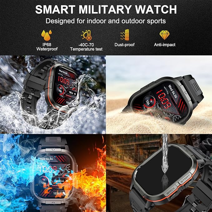 Smart Watch for Men Fitness Tracker: Make/Answer Call Military Smart Watches for Men Digital Watches Run Waterproof Smartwatch Android Phones iPhone Samsung Compatible Heart Rate Monitor Orange Black