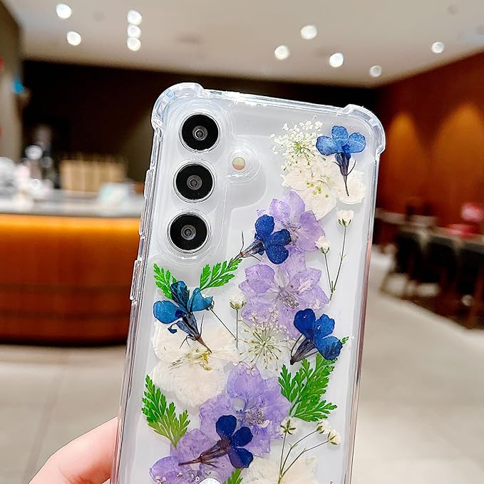 Compatible with Samsung Galaxy S24 Case Cute Pressed Dried Real Flowers Design Women Girly Shockproof Soft TPU Floral Clear Phone Cover for Galaxy S24 (Purple Flower)