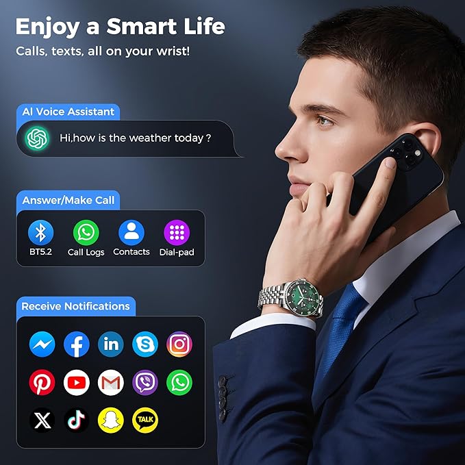 AI Smart Watch for Men Women -1.19" Luxury Smartwatch with Bluetooth Call, 24/7 Heart Rate, 100+ Exercise Modes, Fitness Sleep Monitor for iPhone Android, 2025, Silver Green