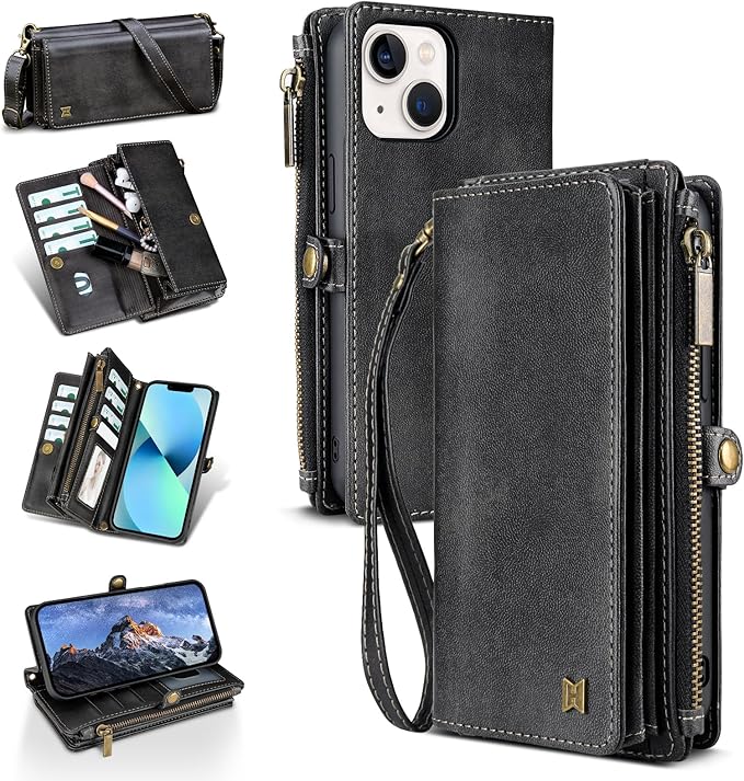 for iPhone 14 Wallet Phone Case with 7 Card Holder,RFID Blocking | PU Leather | Kickstand | Flip | Wrist Strap&Shoulder Strap | Shockproof | Zipper Wallet | Women Men | 6.1" | Black