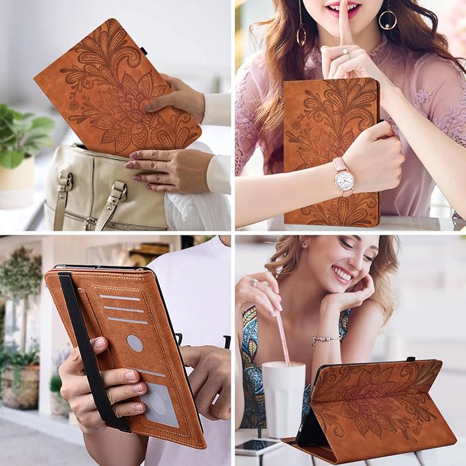 Case for Lenovo Tab M10 Plus 3rd Gen 10.6 Inch 2022 (TB125FU/128FU), Embossed Lace PU Leather Flip Folio Tablet Case with Elastic Band & Card Slots/Holder, Multi-Angle Viewing Stand Cover, Brown