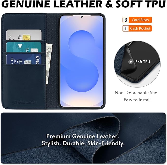 SHIELDON Case for Galaxy S25 FE 6.7" 5G, Genuine Leather Folio Wallet Case Magnetic Kickstand RFID Blocking Card Slots Shockproof Protective Cover Compatible with Galaxy S25 FE 2025 - Nappa Navy Blue