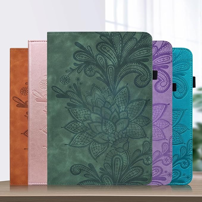 Case for Lenovo Tab M10 Plus 3rd Gen 10.6 Inch 2022 (TB125FU/128FU), Embossed Lace PU Leather Flip Folio Tablet Case with Elastic Band & Card Slots/Holder, Multi-Angle Viewing Stand Cover, Green