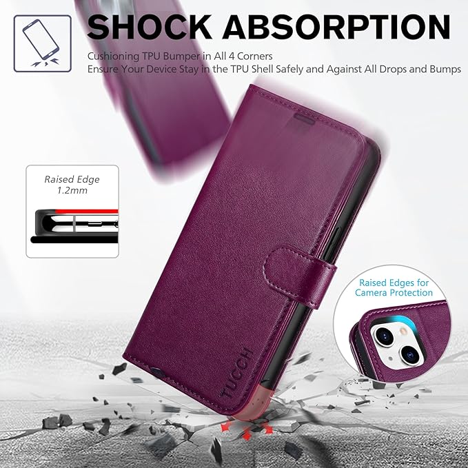 TUCCH Wallet Case for iPhone 14 6.1-inch 5G, [TPU Shockproof Inner Shell] PU Leather [RFID Blocking] 4 Credit Card Holder Magnetic Kickstand Flip Cover Compatible with iPhone 14 (6.1"), Plum Purple