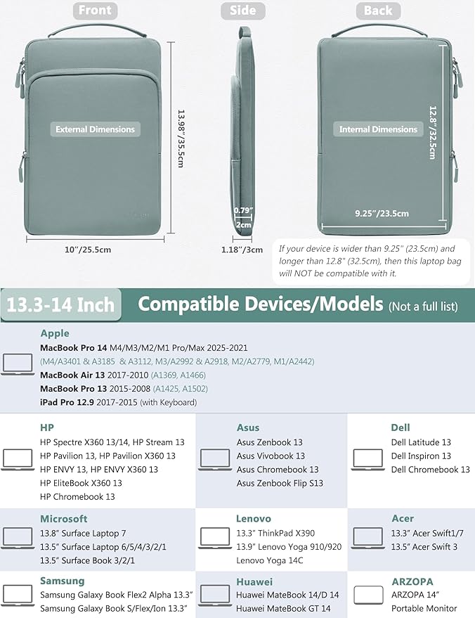 HYZUO 13.3-14 Inch Laptop Bag Sleeve for MacBook Pro 14 M4 M3 M2 M1, MacBook Air/Pro 13.3, 13.8"/13.5" Surface Laptop/Book, Notebook Case for 13" Dell Lenovo ThinkPad HP Asus Acer, Ash Blue