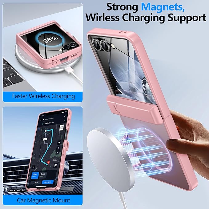 for Samsung Galaxy Z Flip 7 Case Fit for Magsafe [Hinge Protection＆ Kickstand][Built-in Screen Protector][Translucent Matte] 15FT Military Shockproof Full Body Phone Case for Z Flip 7,Pink