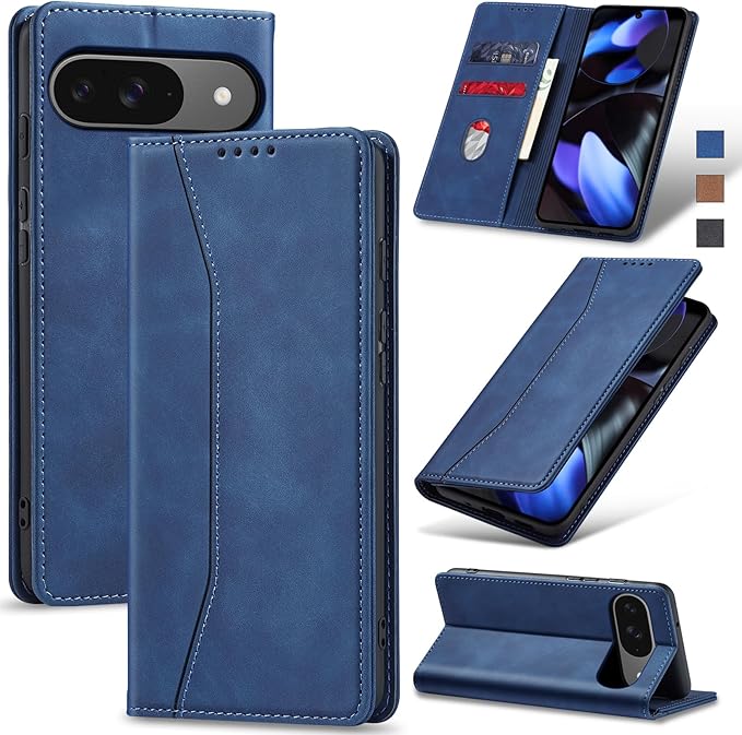 Jasonyu Flip Wallet Case for Google Pixel 9/9 Pro,Leather Magnetic Folio Cover with Card Holder,Kickstand - TPU Shockproof Durable Protective Phone Case,Blue