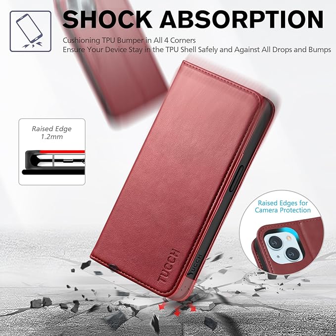 TUCCH Case for iPhone 15 6.1", PU Leather Flip Wallet Case, Stand Folio Cover with [RFID Blocking] [3 Credit Card Slot] Shockproof [Soft TPU Interior Case] Compatible with iPhone 15 5G 2023, Dark Red