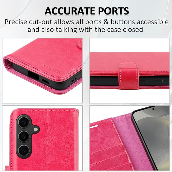 MONASAY Wallet Case Fit for Samsung Galaxy S24 5G, [Lens & Glass Screen Protector Included] [RFID Blocking] Flip Folio Leather Cell Phone Cover with Credit Card Holder, 6.2 inch, Hot-Pink
