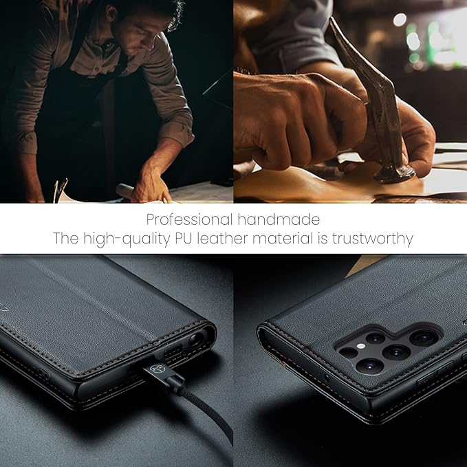 AUPAI for Samsung Galaxy S23 Ultra Wallet Case with Credit Card Holder, PU Leather RFID Blocking Folio Flip Kickstand Magnetic Clasp Protective Phone Cover for Women Men Black