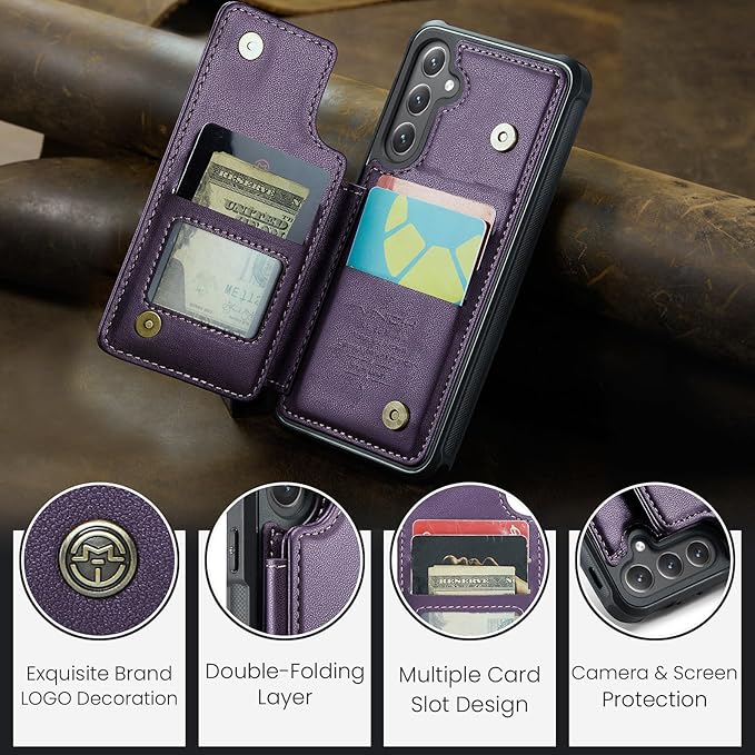 Vinich for Samsung Galaxy S25 Wallet Case with Card Holder, RFID Blocking Credit Slots Kickstand Shockproof Phone Cover for Women Men, Purple