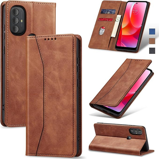 Jasonyu Flip Wallet Case for Moto G Play (2023)/Moto G Power (2022),Leather Magnetic Folio Cover with Card Holder,Kickstand - TPU Shockproof Durable Protective Phone Case,Brown