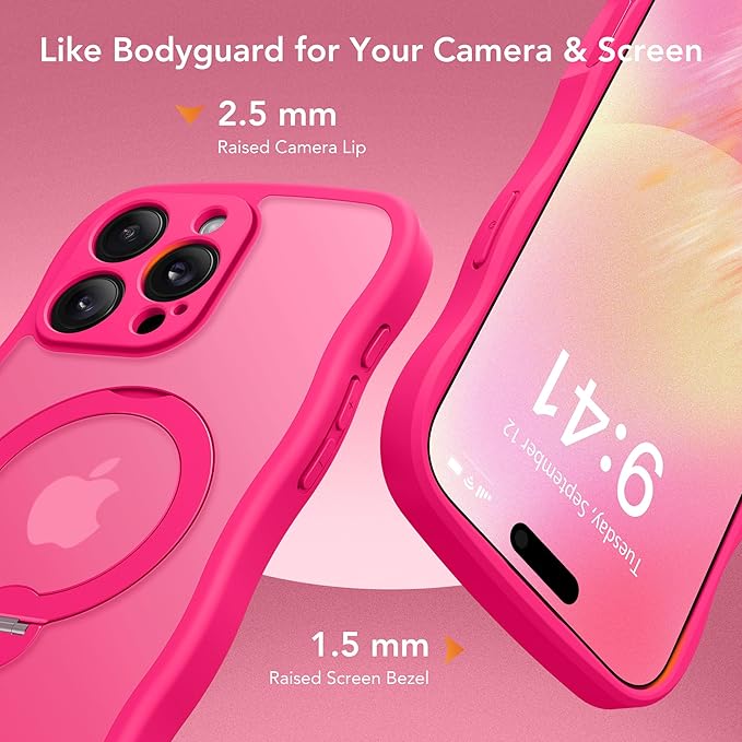 GolbinBox for iPhone 16 Pro Max Case for Women,[Compatible with Magsafe][360° Spin Magnetic Stand][Cute Wave Edge][Military-Grade Protection]Translucent Matte Phone Case for iPhone 16 ProMax, Hot Pink