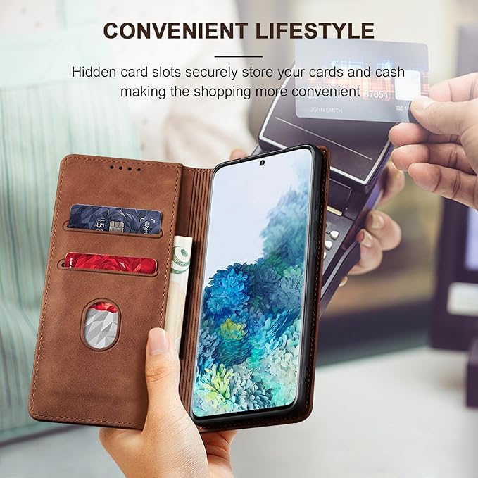 Jasonyu Flip Wallet Case for Samsung Galaxy S20 5G [5.97 x 2.72in],Leather Magnetic Folio Cover with Card Holder,Kickstand - TPU Shockproof Durable Protective Phone Case,Brown