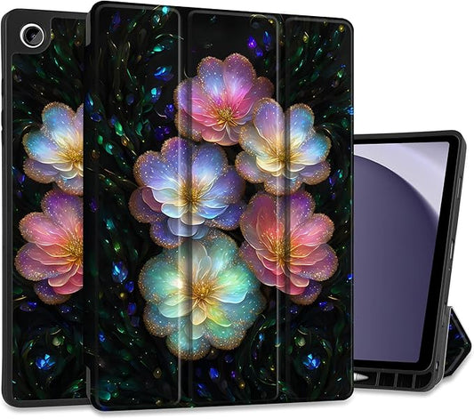 MEEgoodo Case for Samsung Galaxy Tab A9 Plus 11 inch Cover 2024 2023 with S Pen Holder, A9+ Smart Tablet Cases with Leather Trifold Stand+Soft TPU Back Shell+Smart Auto Wake/Sleep, Glitter Flowers