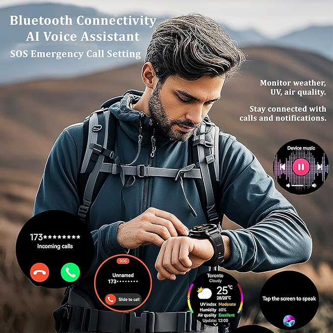 Military GPS Smart Watch: 1.43” AMOLED Always On Display, Built-In GPS, Compass, Altimeter, Barometer, Fitness/Path Tracker, BT Call, 150+ Sports, IP69K, Voice Assist, Long Battery Life, Android/iOS