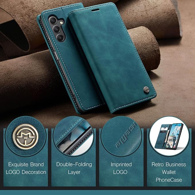 for Samsung Galaxy A15 Case, Flip Wallet Leather Case with Card Holder Magnetic Closure Shockproof Kickstand Protective Phone Cases Cover for Samsung A15,Blue-Green