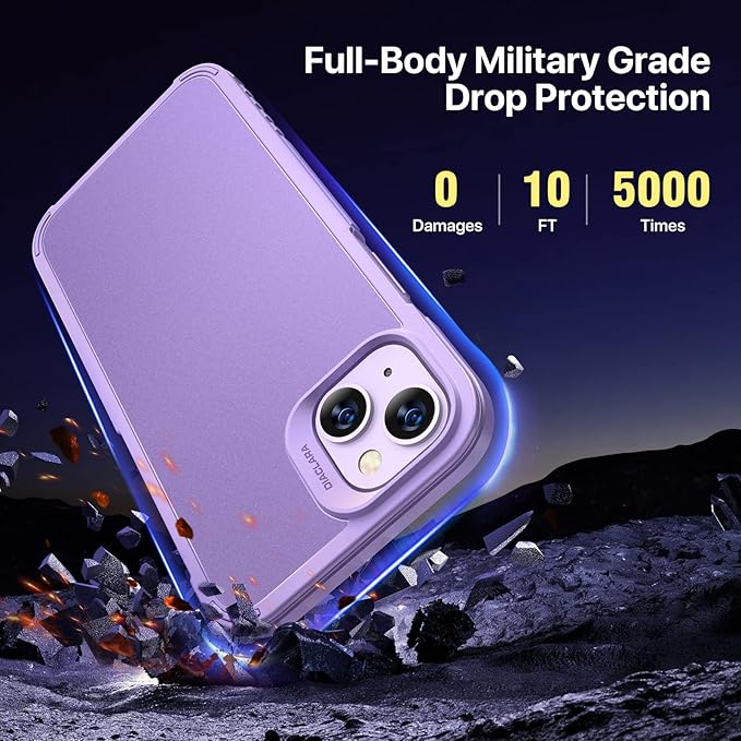 Diaclara [5 in 1 Shockproof Designed for iPhone 14 Case, with 2 Pack Tempered Glass Screen Protector + 2 Pack Camera Lens Protector, Protective Phone Case for iPhone 14 6.1 Inch(Pale Purple)