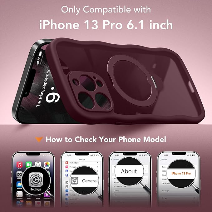 GolbinBox for iPhone 13 Pro Case for Women,[Compatible with Magsafe][360° Spin Magnetic Stand][Cute Wave Edge][Military-Grade Protection] Translucent Matte Phone Case for iPhone 13 Pro, Wine Red
