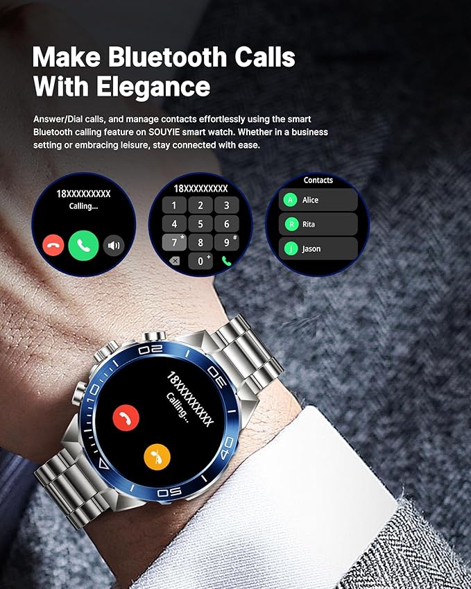 SOUYIE Smart Watch for Men,1.43''AMOLED Screen with 24 Hours Healthy Monitor, 100+ Sports Modes Fitness Tracker Watch, 400mAh Battery Pedometer Calorie Smartwatch Compatible Android iOS