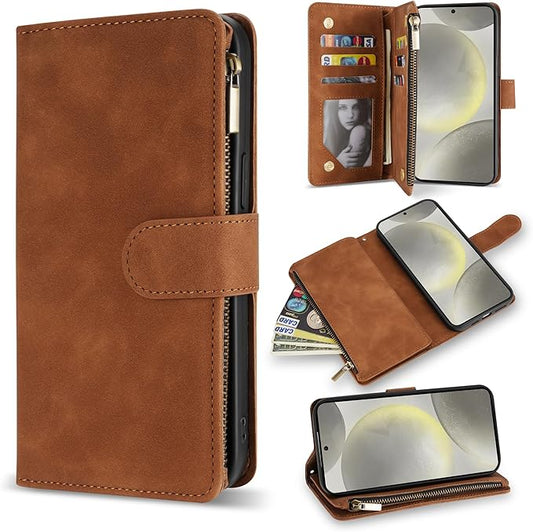 ZZXX for Samsung Galaxy S24 Wallet Case with RFID Blocking Card Slot PU Leather Zipper Flip Folio with Strap Kickstand Protective Cover for Samsung Galaxy S24 Case Wallet(Brown-6.2 inch)