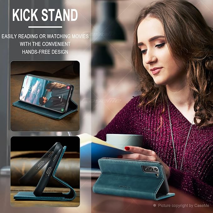 for Samsung Galaxy S21 FE Case, Flip Wallet Leather Case with Card Holder Magnetic Closure Shockproof Kickstand Protective Phone Cases Cover for Samsung S21 FE,Blue-Green