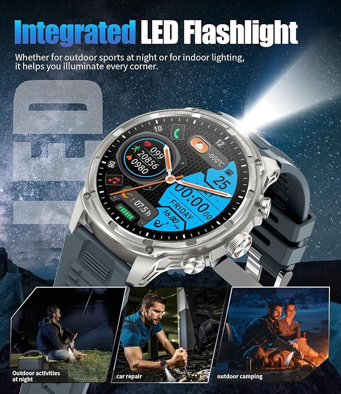 Smart Watch for Men-LED Flashlight, 1.85" Extra Large Smartwatch, 800mAh Long Battery, 100+ Sports Smart Watches Fitness Tracker, Bluetooth Caling/Pedometer/Sleep Monitor for Android iOS