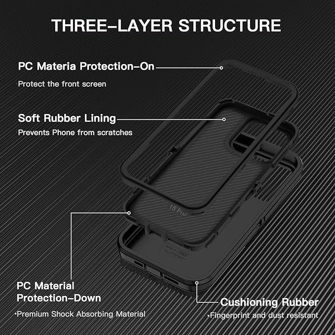 for iPhone 15 Pro Case Shockproof Dust/Drop Proof 3-Layer Full Body Protection [Without Screen Protector] Rugged Heavy Duty Cover Case for Apple iPhone 15 Pro 6.1" 2023,Black