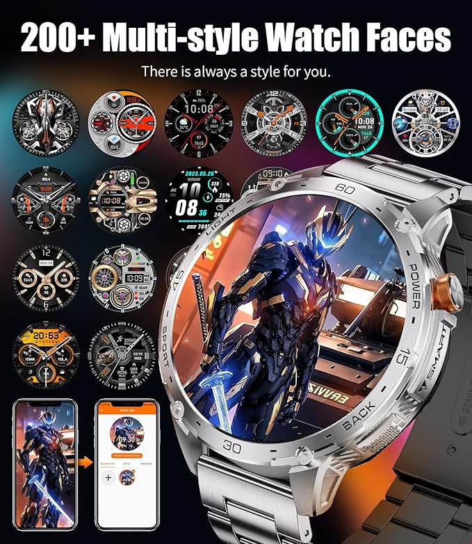 LIGE 1.75" Super Large AMOLED Round Smart Watches for Men with LED Flashlights, Outdoor Military Smartwatch for Android iOS, 100+ Sports, IP68 Waterproof, 200+ Watch Faces, 730mAh, Silver Metal Strap