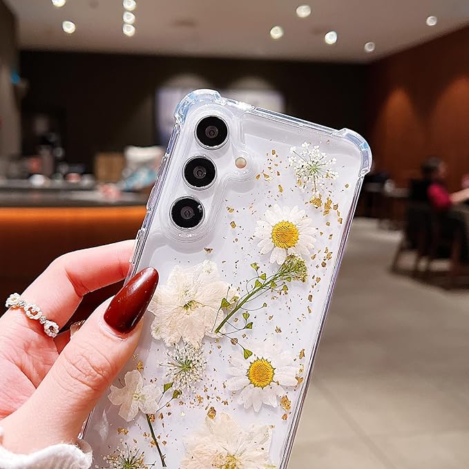 Compatible with Samsung Galaxy S25 Case Cute Pressed Dried Real Flowers Design Women Girly Shockproof Glitter Floral Clear Phone Cover for Galaxy S25 (White Flower)