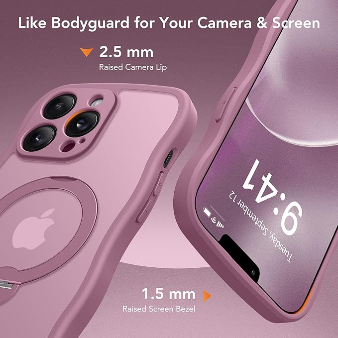 GolbinBox for iPhone 13 Pro Case for Women,[Compatible with Magsafe][360° Spin Magnetic Stand][Cute Wave Edge][Military-Grade Protection] Translucent Matte Phone Case for iPhone 13 Pro, Blackcurrant