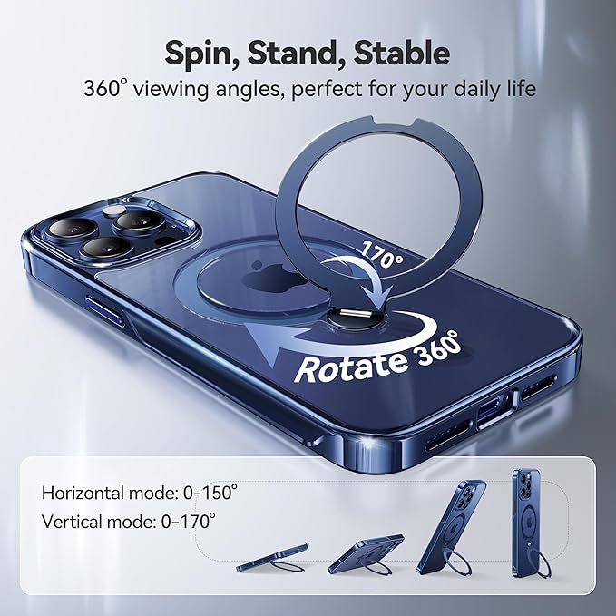 CASEKOO Titanium 360° Rotatable Magnetic Stand for iPhone 15 Pro Max Case [Compatible with Magsafe][16FT Military Protection] Slim 15 Pro Max with Kickstand Ring Phone Cover, Blue