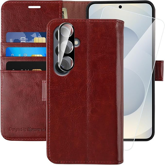 MONASAY Wallet Case Fit for Samsung Galaxy S25 5G, [Lens & Glass Screen Protector Included] [RFID Blocking] Flip Folio Leather Cell Phone Cover with Credit Card Holder, 6.2 inch, Burgundy