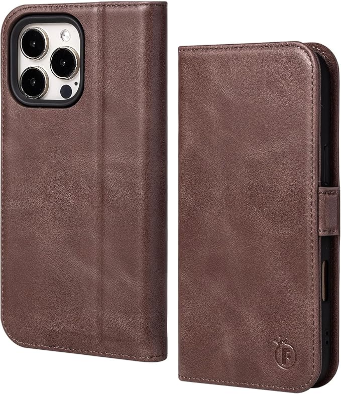 Case for iPhone 16 Pro 6.3" 2024-Genuine Leather Folio Magnetic Closure RFID Blocking Card Holder Kickstand Full Protection Phone Case Compatible with iPhone 16 Pro (Darkbrown)