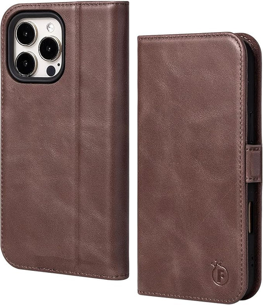 Case for iPhone 16 Pro 6.3" 2024-Genuine Leather Folio Magnetic Closure RFID Blocking Card Holder Kickstand Full Protection Phone Case Compatible with iPhone 16 Pro (Darkbrown)